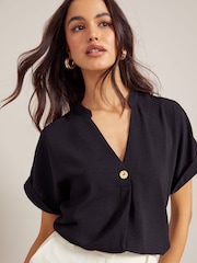 Friends Like These Black V Neck Roll Sleeve Button Blouse - Image 1 of 4
