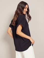 Friends Like These Black V Neck Roll Sleeve Button Blouse - Image 2 of 4