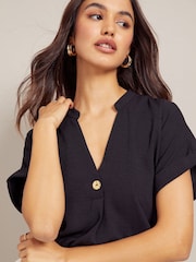 Friends Like These Black V Neck Roll Sleeve Button Blouse - Image 4 of 4