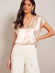 Friends Like These Ivory V Neck Short Sleeve Satin Blouse - Image 1 of 4