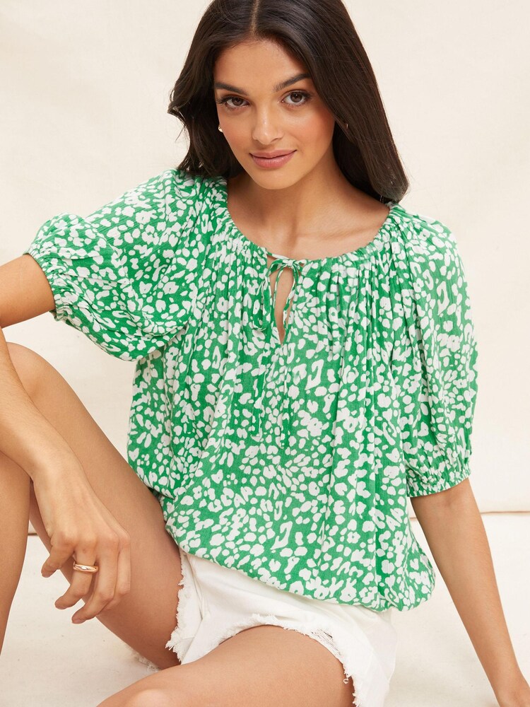 Friends Like These Green Tie Neck Bubble Hem Puff Sleeve Top - Image 1 of 4
