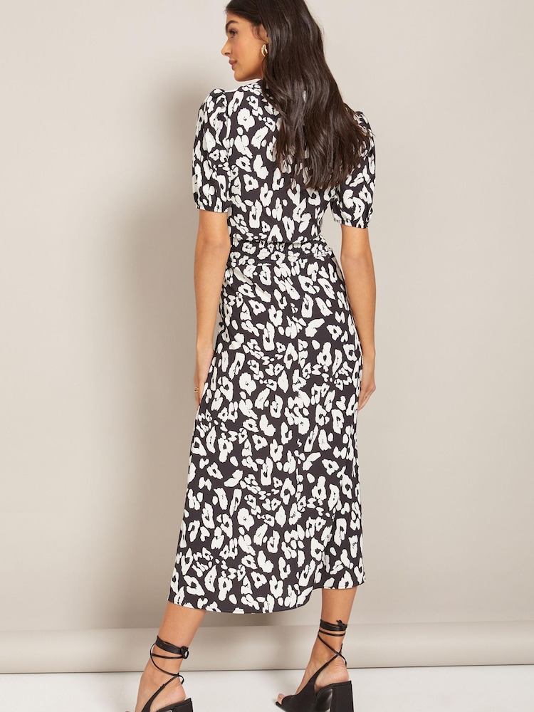 Friends Like These Monochrome Puff Sleeve Ruched Waist V Neck Midi Summer Dress - Image 1 of 3 Friends Like These Monochrome Puff Sleeve Ruched Waist V Neck Midi Summer Dress - Image 1 of 3