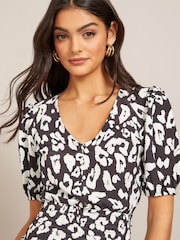 Friends Like These Monochrome Puff Sleeve Ruched Waist V Neck Midi Summer Dress - Image 3 of 3