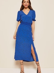 Friends Like These Cobalt Blue Petite Puff Sleeve Ruched Waist V Neck Midi Summer Dress - Image 1 of 4