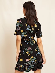 Friends Like These Black Floral Print Short Sleeve Ruffle Hem Jersey Mini Dress - Image 2 of 4