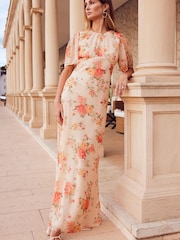 Friends Like These Pink Floral Chiffon Flutter Sleeve Maxi Dress - Image 1 of 4