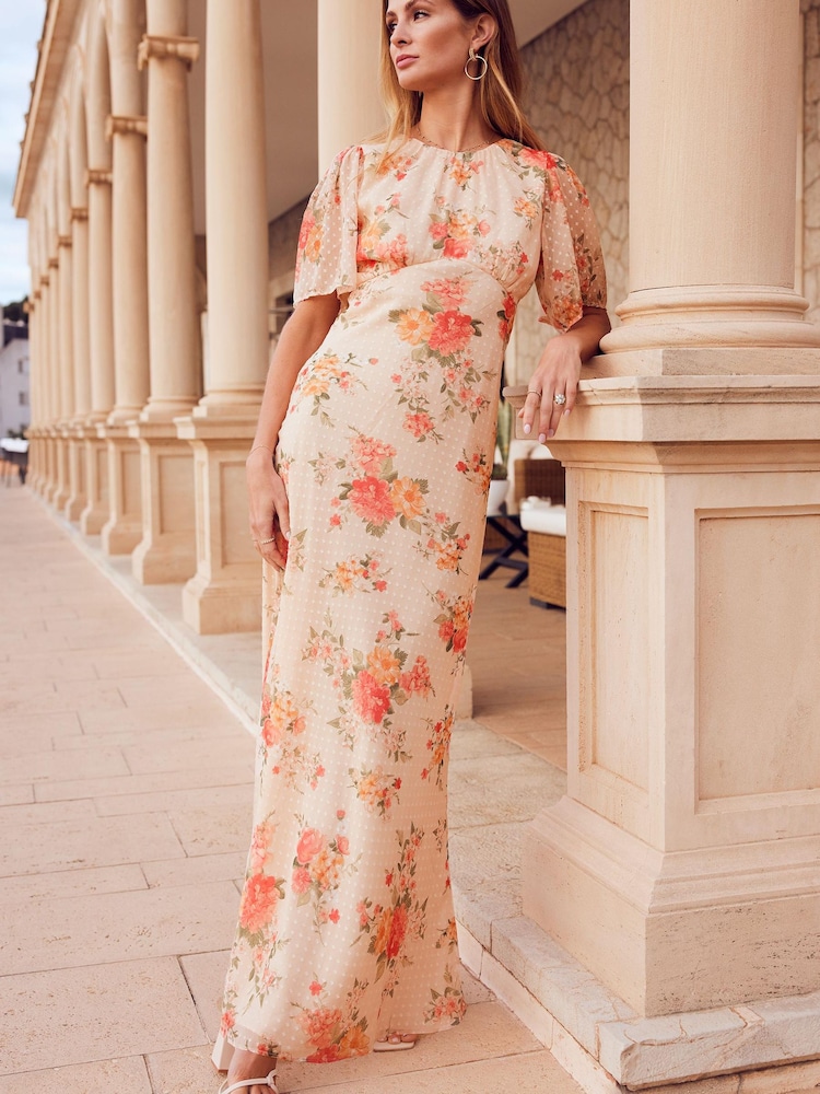 Friends Like These Pink Floral Chiffon Flutter Sleeve Maxi Dress - Image 1 of 4