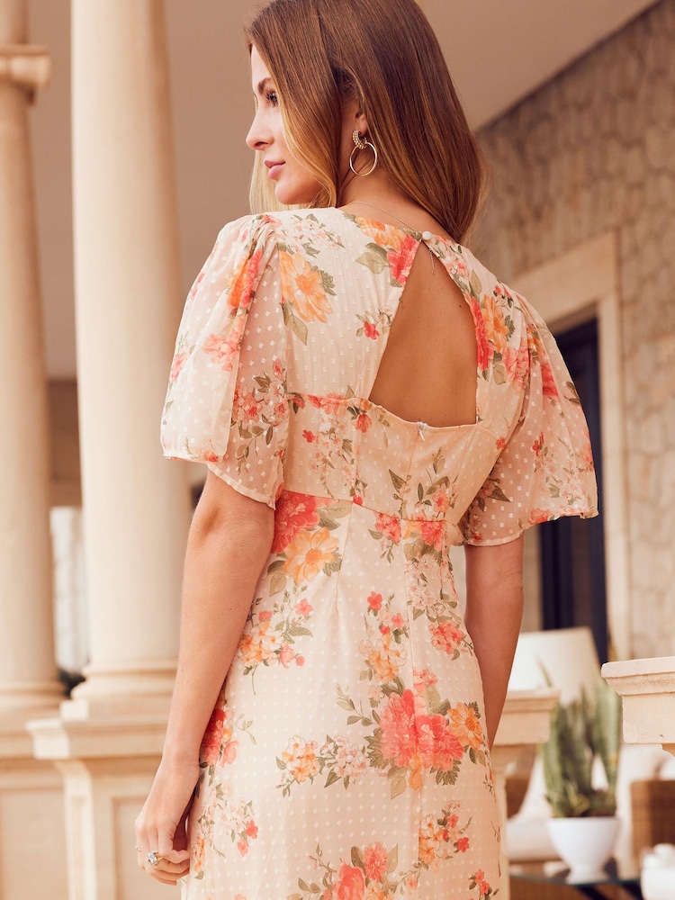 Friends Like These Pink Floral Chiffon Flutter Sleeve Maxi Dress - Image 2 of 4