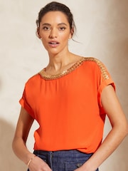 Love & Roses Orange Embellished Embellished Round Neck Roll Sleeve Top - Image 2 of 4