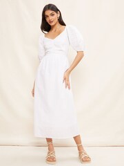 Friends Like These Ivory Broderie Sweetheart Ruched Neck 3D Puff Sleeve Midi Dress - Image 1 of 1