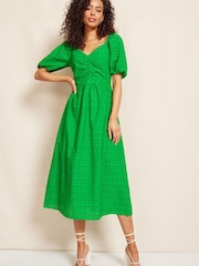 Friends Like These Green Broderie Sweetheart Ruched Neck 3D Puff Sleeve Midi Dress - Image 1 of 4