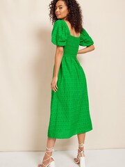 Friends Like These Green Broderie Sweetheart Ruched Neck 3D Puff Sleeve Midi Dress - Image 2 of 4