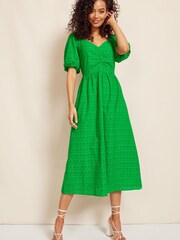 Friends Like These Green Broderie Sweetheart Ruched Neck 3D Puff Sleeve Midi Dress - Image 3 of 4