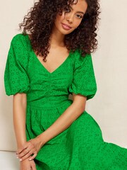 Friends Like These Green Broderie Sweetheart Ruched Neck 3D Puff Sleeve Midi Dress - Image 4 of 4