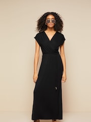 Friends Like These Black Petite Short Sleeve Wrap V Neck Tie Waist Summer Maxi Dress - Image 1 of 4