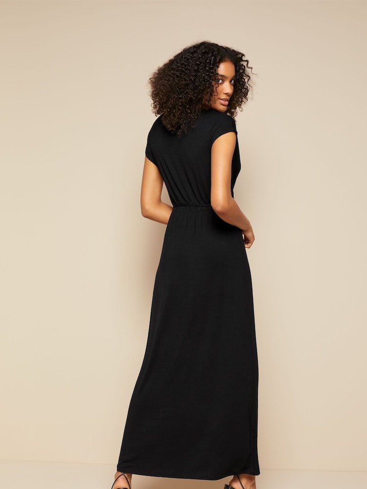 Friends Like These Black Petite Short Sleeve Wrap V Neck Tie Waist Summer Maxi Dress - Image 2 of 4