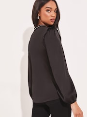 Lipsy Black Studded V Neck Ruffle Long Sleeve Blouse - Image 3 of 4