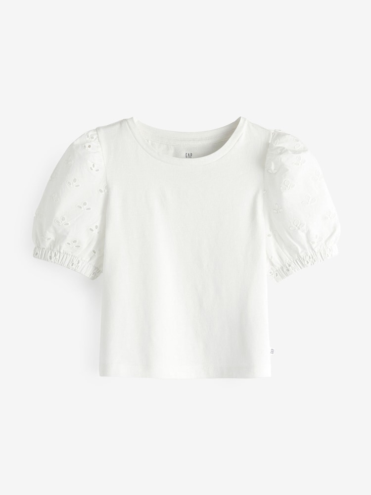 Gap White Broderie Puff Sleeve T-Shirt - Image 1 of 3 Gap White Broderie Puff Sleeve T-Shirt - Image 1 of 3
