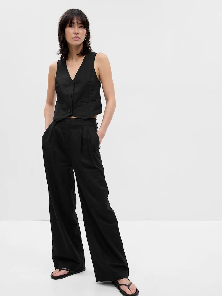 Gap Black Linen Blend Pleated Trousers - Image 1 of 5 Gap Black Linen Blend Pleated Trousers - Image 1 of 5