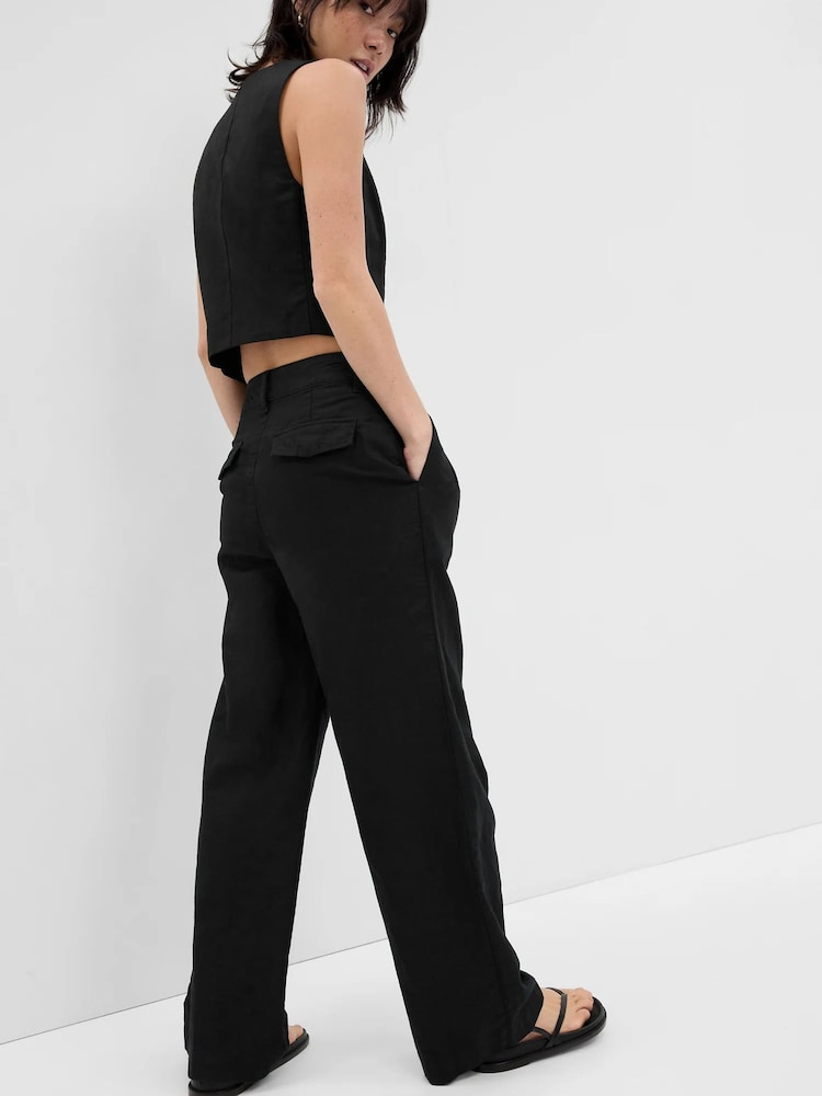 Gap Black Linen Blend Pleated Trousers - Image 2 of 5 Gap Black Linen Blend Pleated Trousers - Image 2 of 5