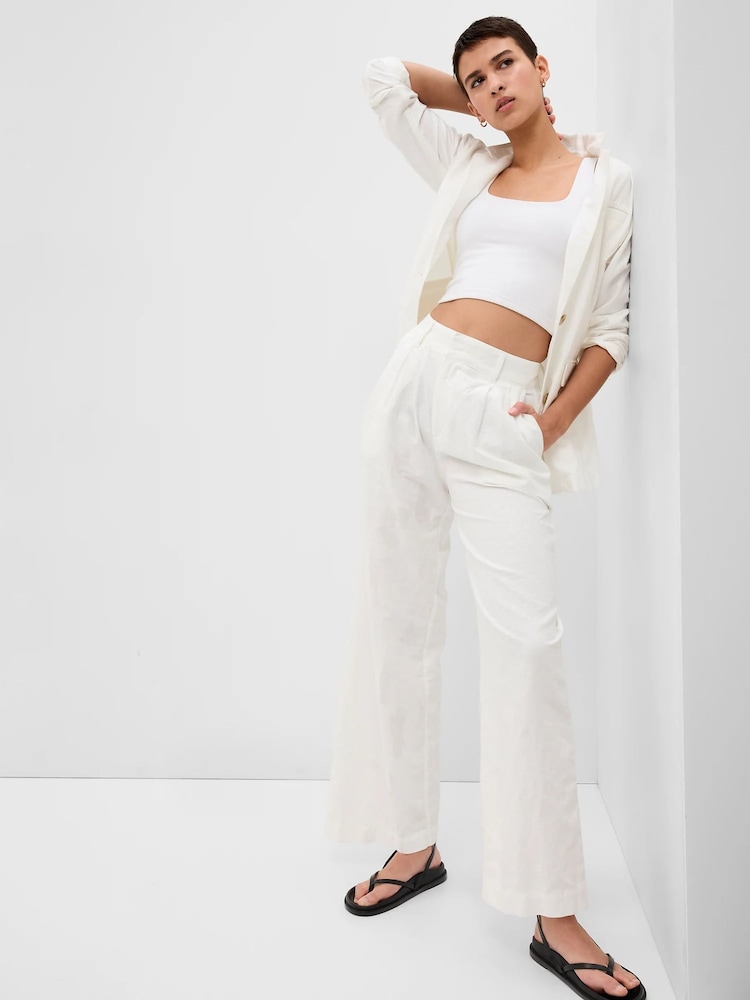 Gap White Linen Blend Pleated Trousers - Image 1 of 6 Gap White Linen Blend Pleated Trousers - Image 1 of 6