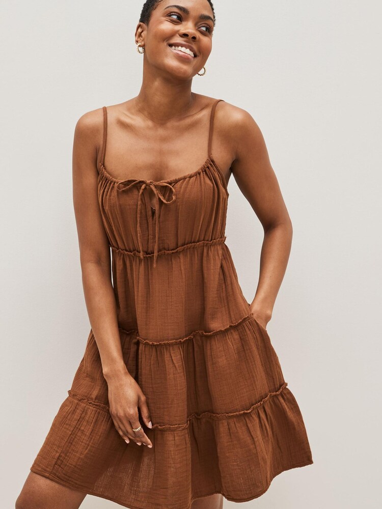 Gap Brown Crinkle Gauze Tiered Sleeveless Mini Dress - Image 1 of 1