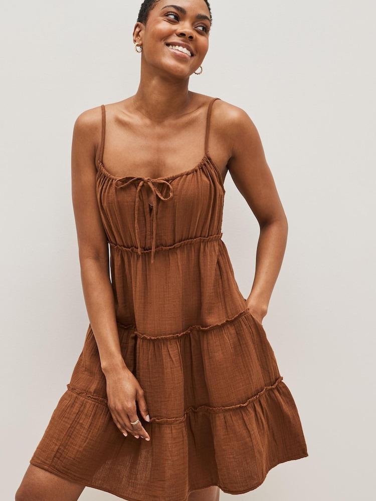 Gap Brown Crinkle Gauze Tiered Sleeveless Mini Dress - Image 1 of 1 Gap Brown Crinkle Gauze Tiered Sleeveless Mini Dress - Image 1 of 1