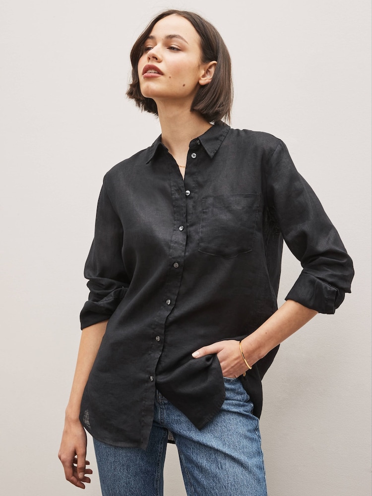 Gap Black Linen Boyfriend Shirt - Image 1 of 6 Gap Black Linen Boyfriend Shirt - Image 1 of 6