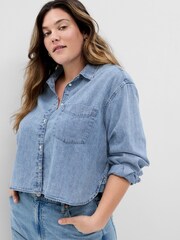 Gap Blue Cropped Denim Long Sleeve Shirt - Image 1 of 2