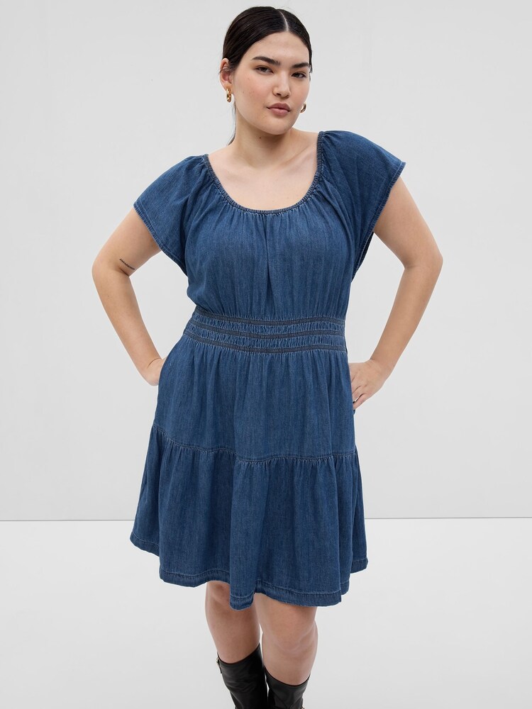 Gap Blue Denim Short Flutter Sleeve Tiered Round Neck Mini Dress - Image 1 of 1
