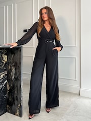 Girl In Mind Black Lola Long Sleeve Belted Wide Leg Wrap Jumpsuit - Image 1 of 6