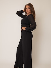 Girl In Mind Black Lola Long Sleeve Belted Wide Leg Wrap Jumpsuit - Image 5 of 6