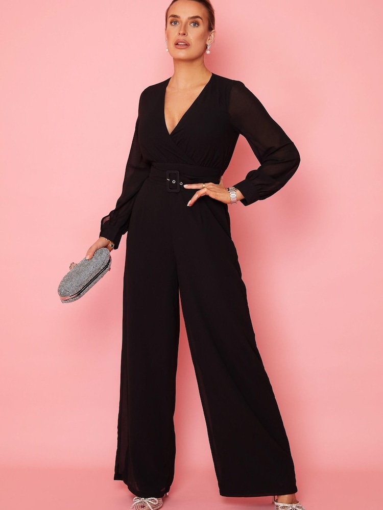 Girl In Mind Black Petite Lola Long Sleeve Belted Wide Leg Wrap Jumpsuit - Image 1 of 6