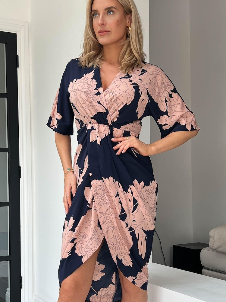 Girl In Mind Navy blue floral Short Sleeve Chelsea Wrap Dress - Image 1 of 5 Girl In Mind Navy blue floral Short Sleeve Chelsea Wrap Dress - Image 1 of 5