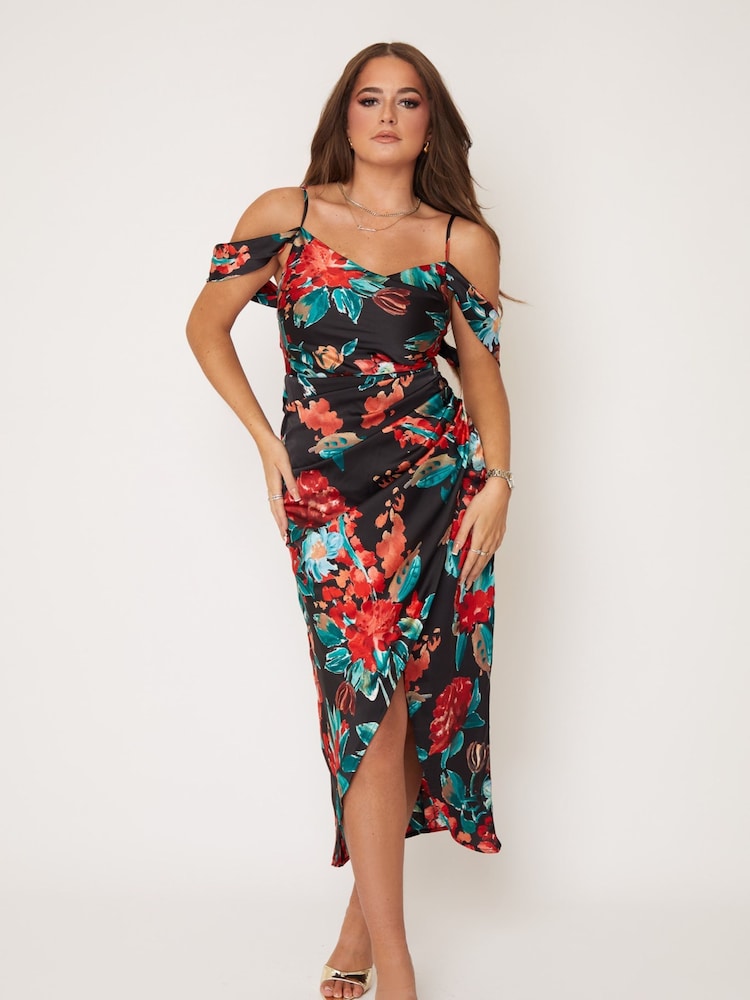 Girl In Mind Black and Red floral Camila Cold Shoulder Wrap Midi Dress - Image 1 of 6