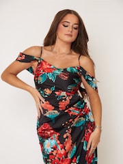 Girl In Mind Black and Red floral Camila Cold Shoulder Wrap Midi Dress - Image 3 of 6