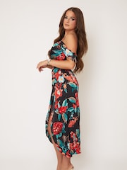 Girl In Mind Black and Red floral Camila Cold Shoulder Wrap Midi Dress - Image 4 of 6
