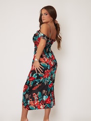 Girl In Mind Black and Red floral Camila Cold Shoulder Wrap Midi Dress - Image 5 of 6