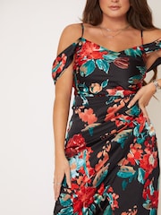 Girl In Mind Black and Red floral Camila Cold Shoulder Wrap Midi Dress - Image 6 of 6