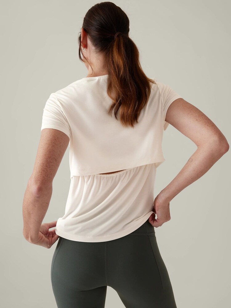 Athleta Cream Short Sleeve Crew Neck Air Out T-Shirt - Image 2 of 3 Athleta Cream Short Sleeve Crew Neck Air Out T-Shirt - Image 2 of 3