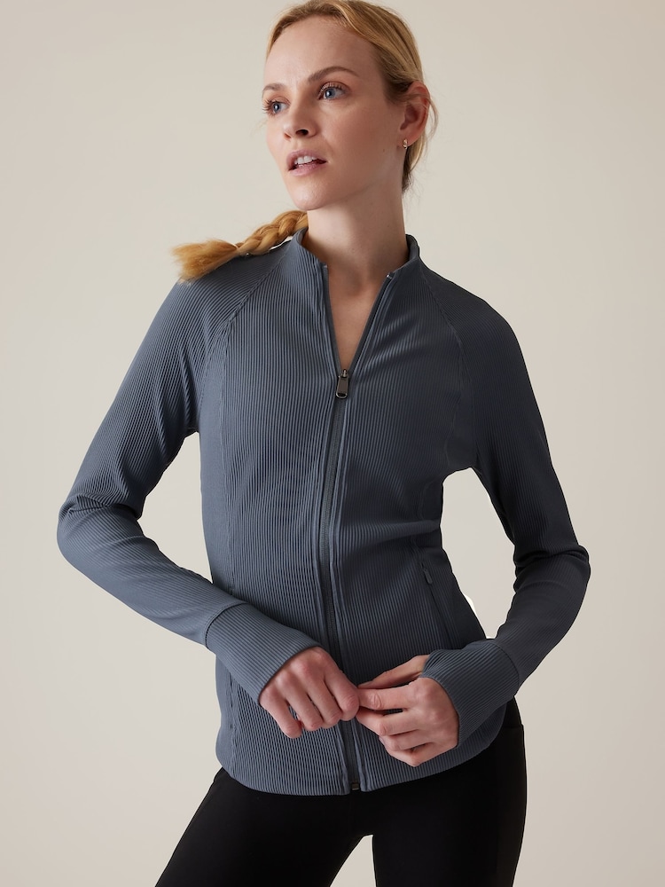 Athleta Blue Ribbed Zip Through Sweatshirt - Image 1 of 5 Athleta Blue Ribbed Zip Through Sweatshirt - Image 1 of 5