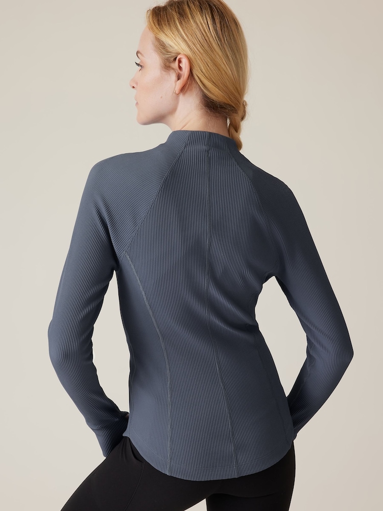 Athleta Blue Ribbed Zip Through Sweatshirt - Image 2 of 5 Athleta Blue Ribbed Zip Through Sweatshirt - Image 2 of 5
