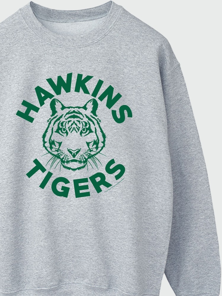 Brands In GREY Netflix Stranger Things Hawkins Tigers Women Heather Grey Sweatshirt - Image 2 of 3