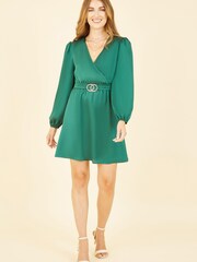 Mela Green Satin Wrap Dress With Long Sleeves and Buckle Waist - Image 3 of 5