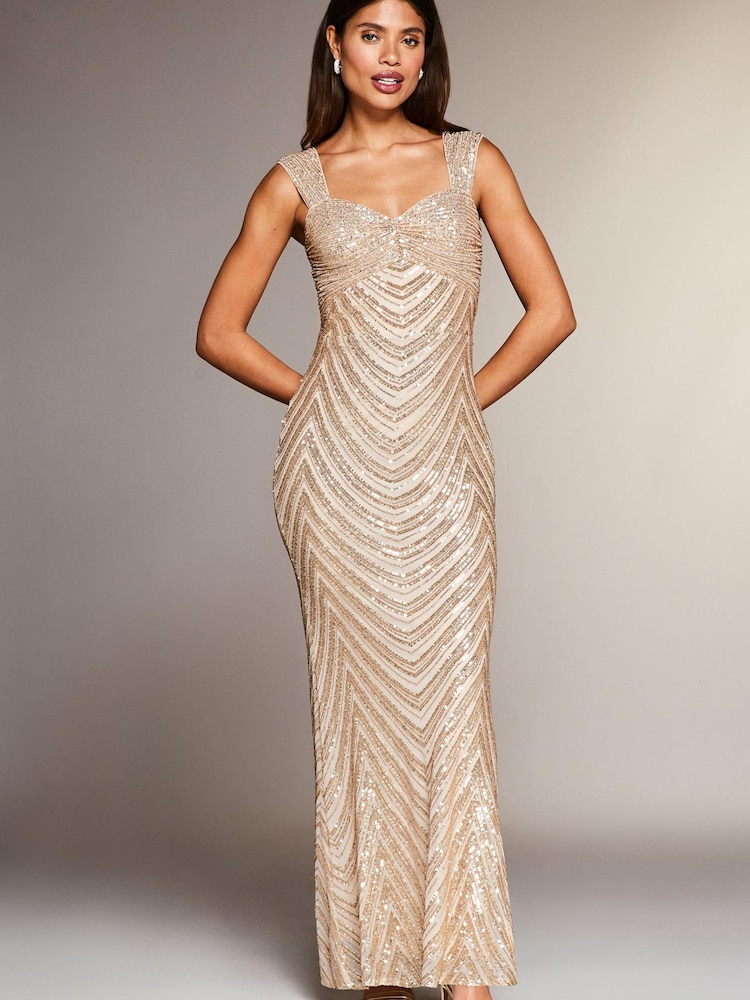 Lipsy Gold Premium Placed Sequin Ruched Bust Maxi Dress - Image 1 of 4