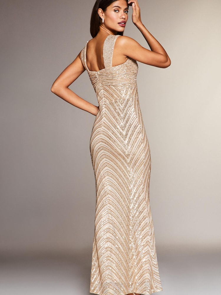 Lipsy Gold Premium Placed Sequin Ruched Bust Maxi Dress - Image 2 of 4