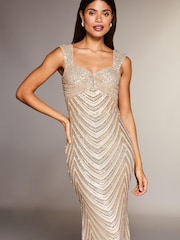 Lipsy Gold Premium Placed Sequin Ruched Bust Maxi Dress - Image 3 of 4