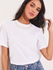 Lipsy White Pearl Necklace Trim T-Shirt - Image 3 of 4