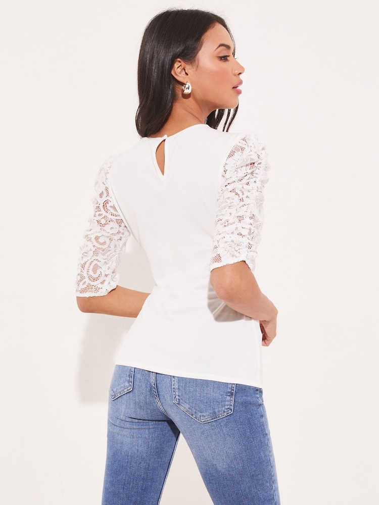 Lipsy Ivory White Lace Sleeve Underbust Top - Image 2 of 4