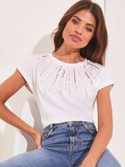 Lipsy White Scatter Sequin Round Neck T-Shirt - Image 1 of 4